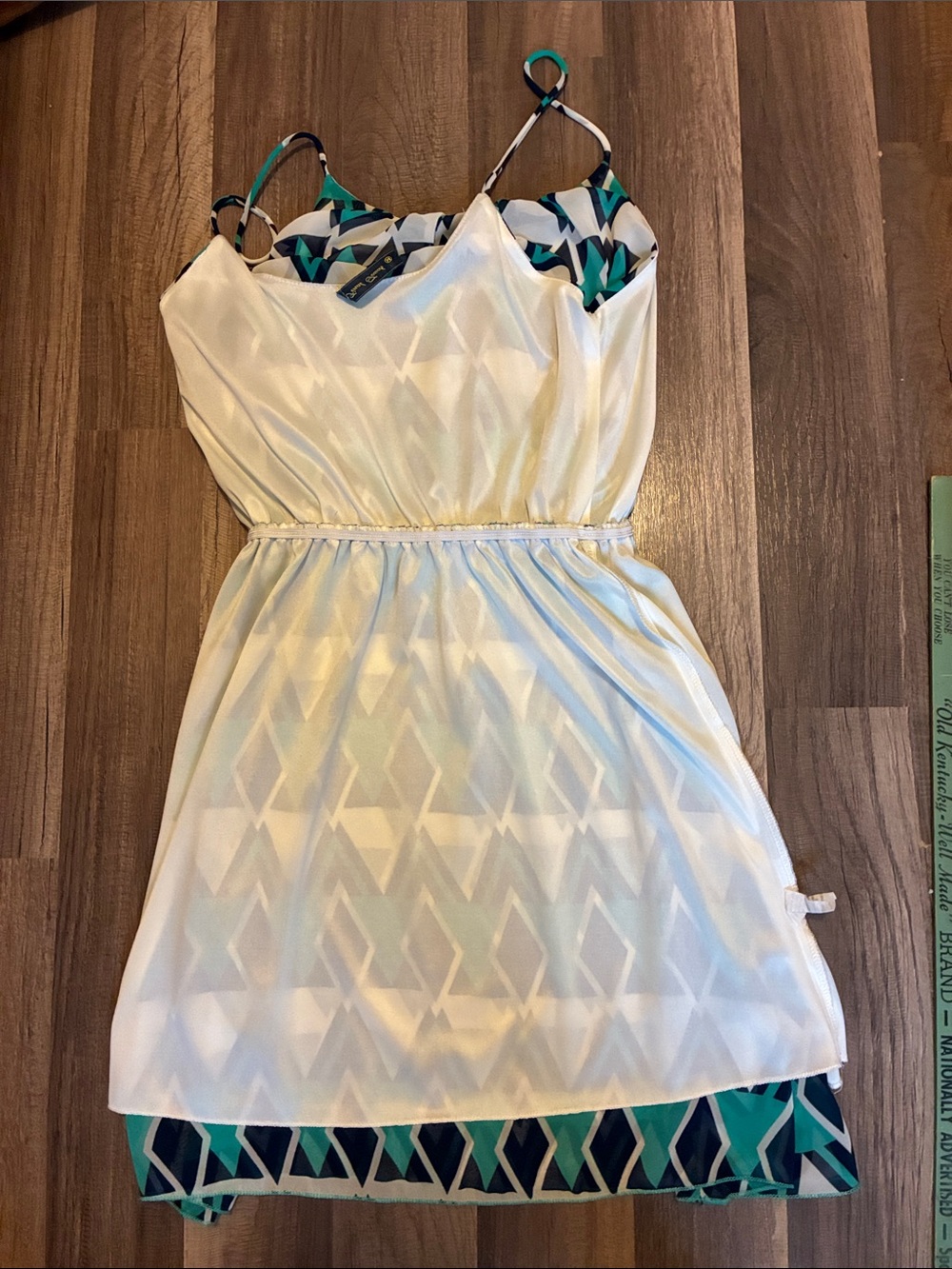 Vintage -Final Touch- Chiffon Mini Dress W/Navy & Aqua Geo Pattern- Made In USA - Picture 7 of 11